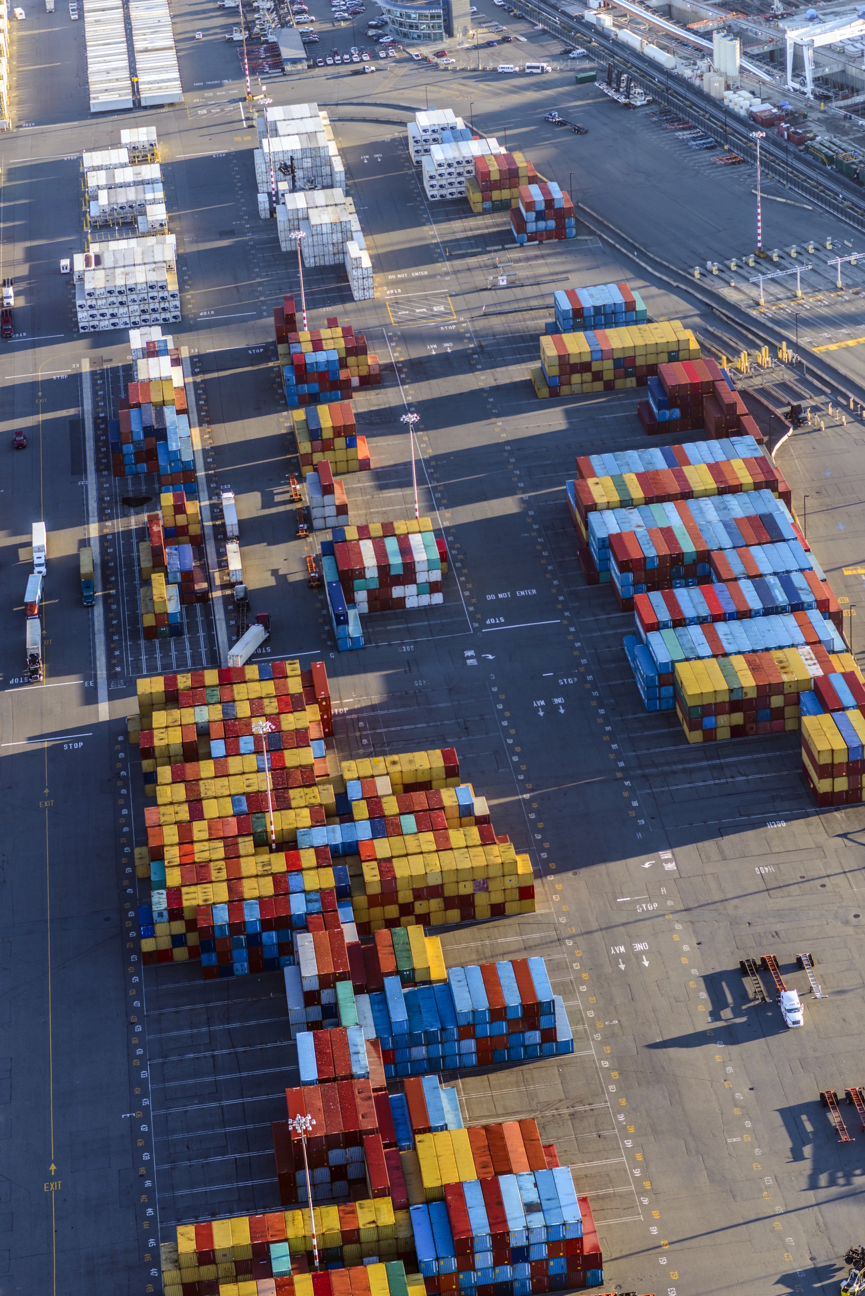Aerial view of containers in shipping yard
